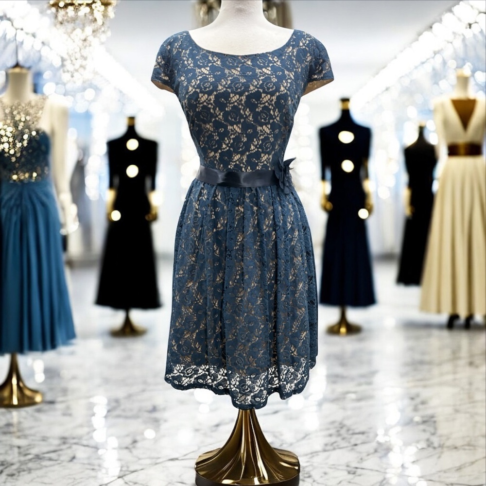 Pompous Girly Navy Crochet Cut Out Floral Overlay Dress